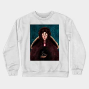 Young Girl in a Renaissance Cloak Holding a Raven With a Starry Night Sky- Gothic Art- Witch Art Crewneck Sweatshirt